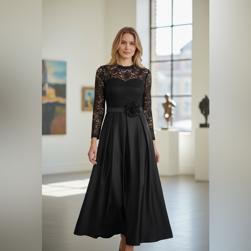 Elegant Black Lace Long-Sleeve Maxi Dress